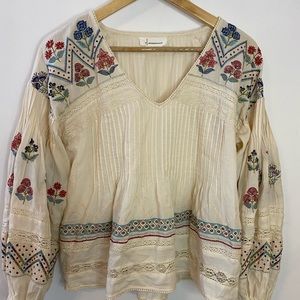 Anthropologie Bohemian Embroidered Balloon Sleeve Top